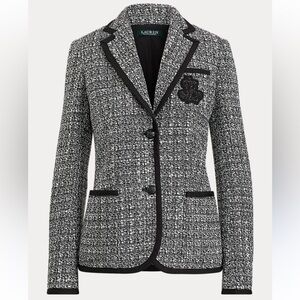 RALPH LAUREN Bullion Crest Tweed Blazer Suit Jacket Womens SZ Medium Black White